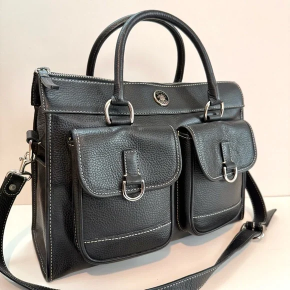 DOONEY & BOURKE Black Leather Double Pocket Tote Women's Satchel Shoulder Bag - Picture 2 of 11